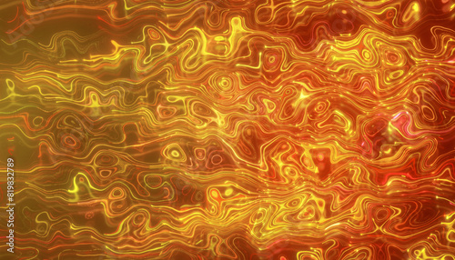Illustation of glowing neon lines in red and yellow on reflecting floor - abstract background.