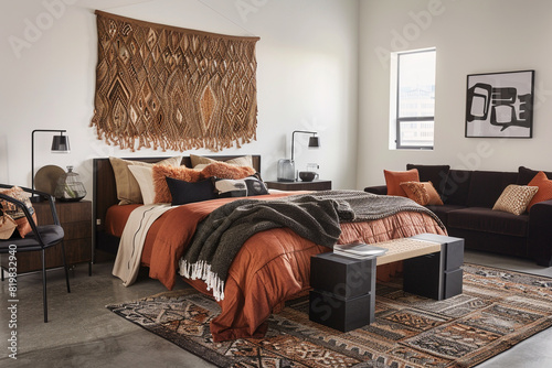Contemporary bedroom with a modern bed, earthy-toned bedding, textured wall hanging, chic sofa set, and black chair. Patterned rug and cube-shaped bedside tables. photo