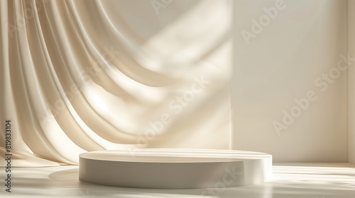A soft white blowing drapery curtain drapes in sunlight for luxury cosmetic skincare beauty treatment fashion product display background with empty modern round wooden podium side table
