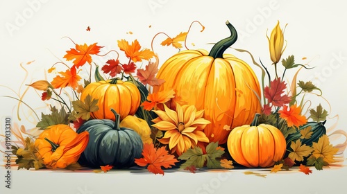 Colorful pumpkins and gourds with fall leaves and flowers.
