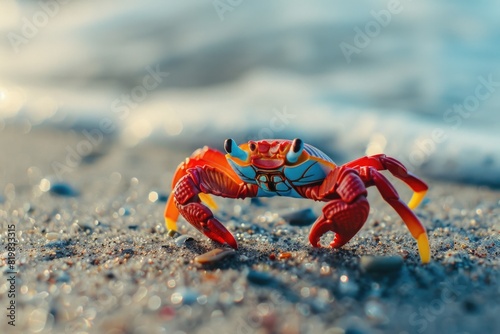A crab with a red body and yellow legs on a beach. Suitable for nature and wildlife themes