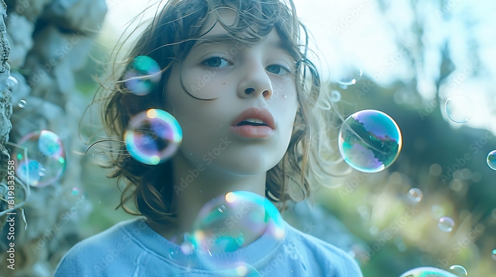 Joyful Young Girl Blowing Colorful Bubbles in a Sunny Park, Capturing the Essence of Childhood Happiness and Playfulness, with a Bright Smile and Lush Greenery in the Background on a Beautiful Day Joyful Young Girl Blowing Colorful Bubbles in a Sunny Park, Capturing the Essence of Childhood Happiness and Playfulness, with a Bright Smile and Lush Greenery in the Background on a Beautiful Day