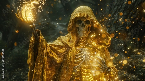 Golden Skeleton Wizard Casting Spell in Enchanted Fantasy Forest photo