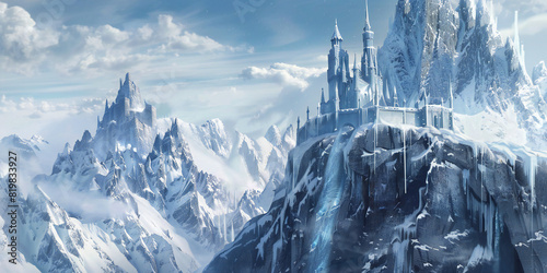 snow covered mountains, Snow-Covered Castle on Mountain Ridge An image of a snow-covered castle perched on a mountain ridge, with icicles hanging from the battlements and frost covering 