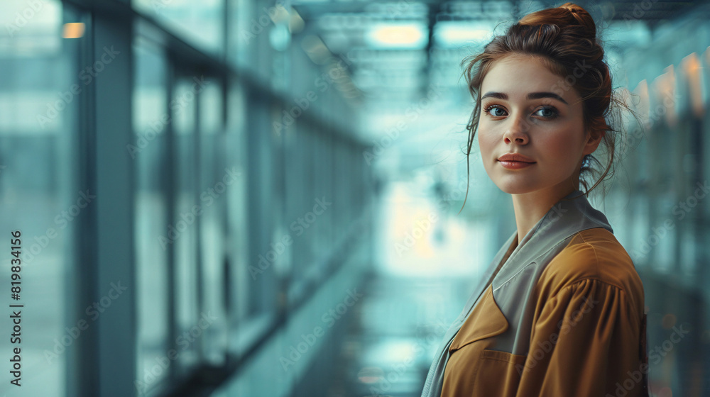 Elegant young lady with a professional hairstyle, posing in a comfortable, corporate setting Elegant young lady with a professional hairstyle, posing in a comfortable, corporate setting