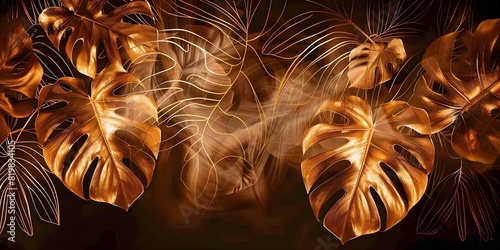 Golden Split-Leaf Philodendron and Monstera Plant Line Art on Art Deco Wallpaper. Concept Plant Line Art, Golden Aesthetic, Monstera Plant, Art Deco Wallpaper, Botanical Illustration