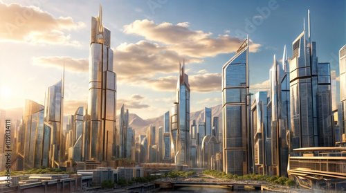 A futuristic city skyline with towering buildings and waterways below.