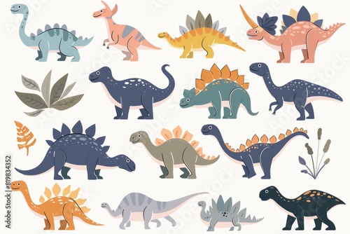 A group of dinosaurs standing in a grassy field. Suitable for educational materials or dinosaur-themed designs