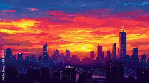 A beautiful cityscape painting in a vibrant orange and blue color scheme.