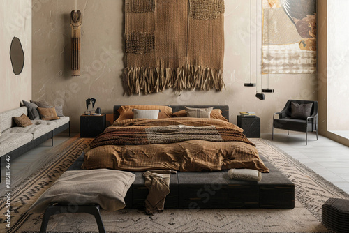 Contemporary bedroom with a low bed, earthy-toned bedding, textured wall hanging, and a chic sofa set. Patterned rug, cube-shaped bedside tables, and a black chair. photo