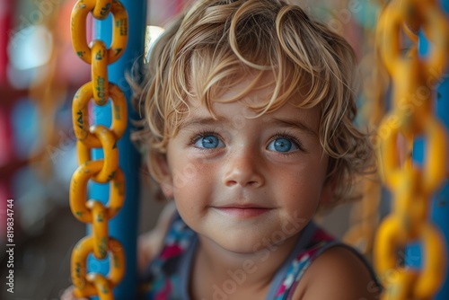 Close-up of a child with curly hair and stunning blue eyes surrounded by yellow playground chains © familymedia