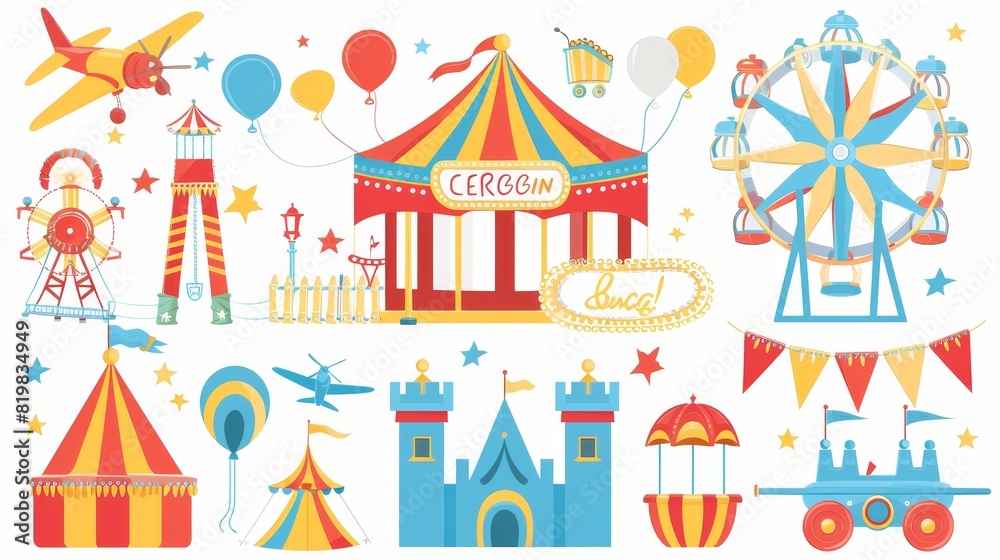 The carnival funfair is a carnival in the park, with rides such as the ferris wheel, the circus tent, and the magic castle. Modern cartoon set of attractions in the amusement park includes an The carnival funfair is a carnival in the park, with rides such as the ferris wheel, the circus tent, and the magic castle. Modern cartoon set of attractions in the amusement park includes an