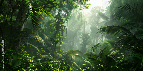 rain forest in the morning  a dense tropical rainforest  where towering trees create a lush canopy overhead. Highlight the diverse array of flora and fauna that call this vibrant ecosystem home