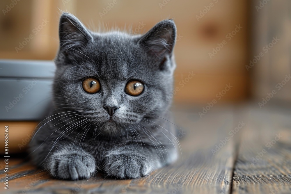 An adorable gray kitten with large, round eyes looks upwards from its resting place on a wooden surface