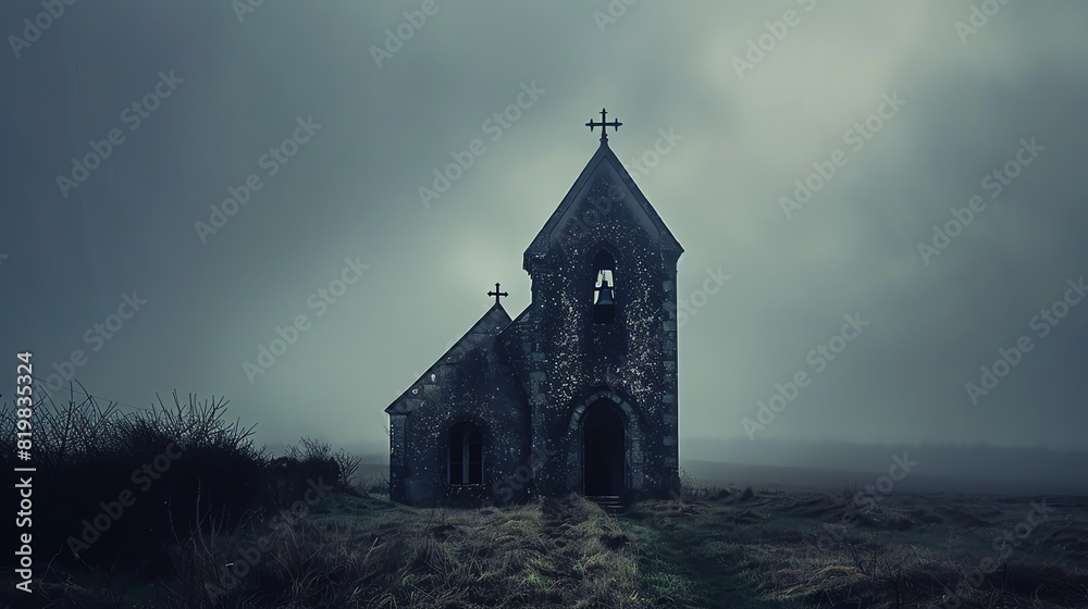 A dark and mysterious church stands alone in a field. The sky is foggy and the church is barely visible. It is spooky and mysterious.