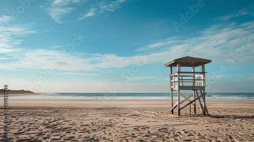 Fine sand and blue ocean water with lifeguard tower on the beach under bright blue sky with white clouds in the background © Galib