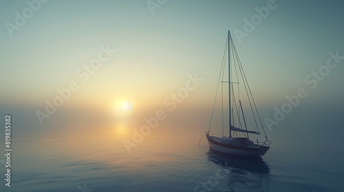 A lonely sailboat sits on a calm sea at sunset. The sky is a clear blue and the water is a deep blue. © Galib