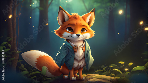 Illustration portrait of a cute and friendly fox as he stands in a beautiful forest longing for adventure and exploring