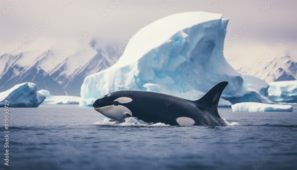 Fototapeta premium Groups of Orcas or killer whales swim and hunt for prey, the top of the food chain in a sea of ​​ice floes