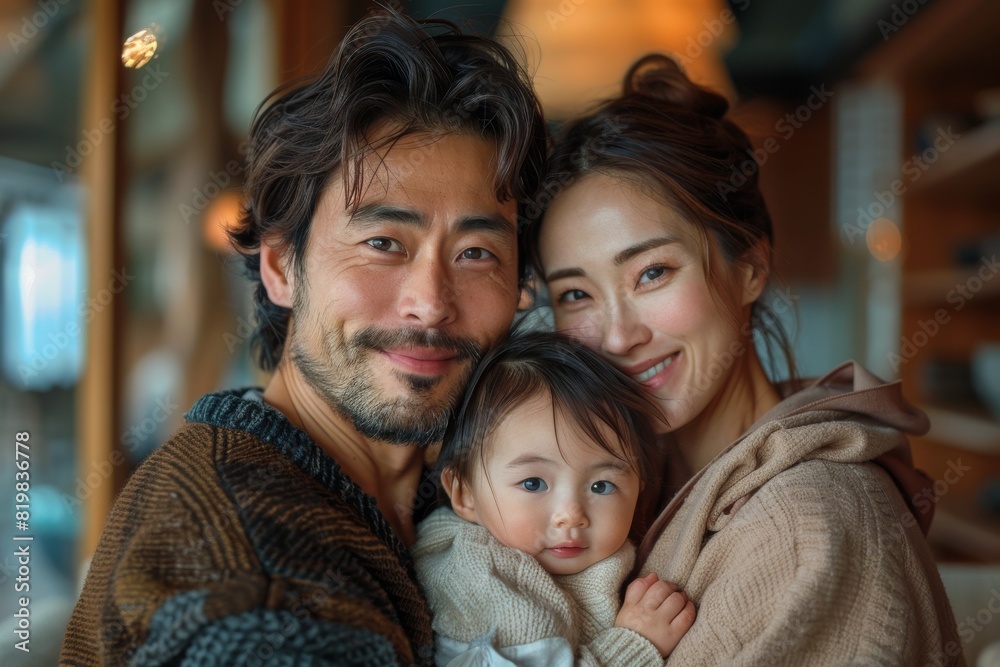 A warm portrait of an Asian family, with a man, woman, and baby bundled up in casual clothing at home