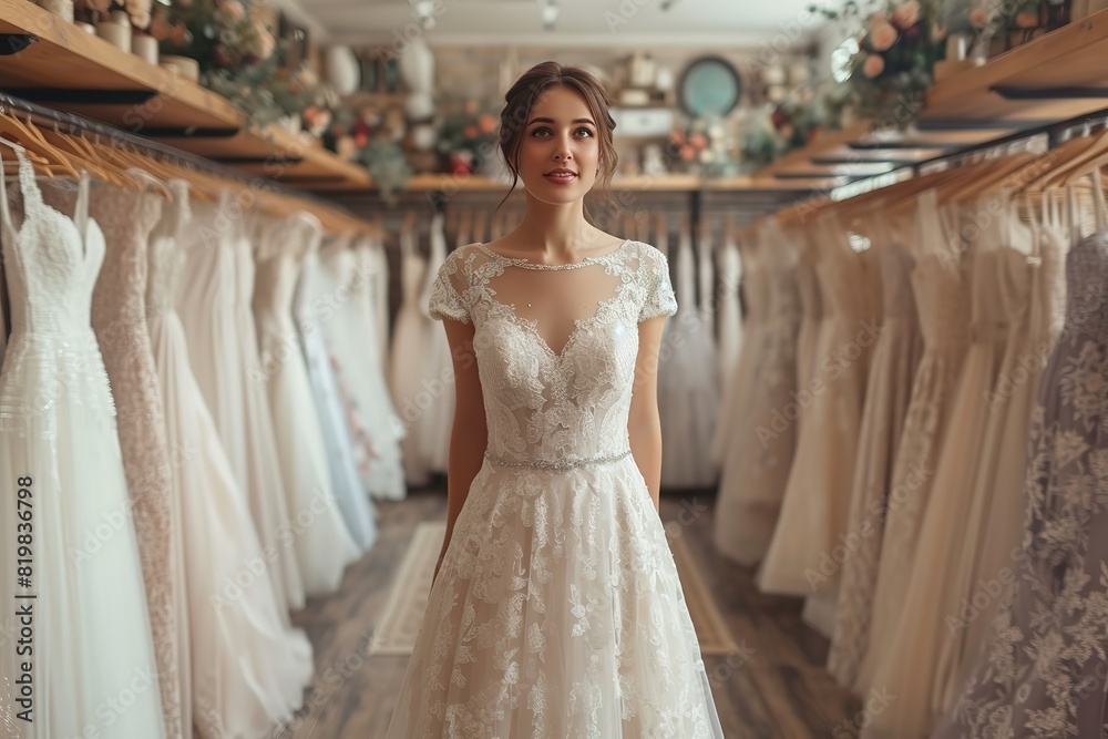 Naklejka premium Elegant woman's wedding dress in the clothing store Super photo realistic background, illustration