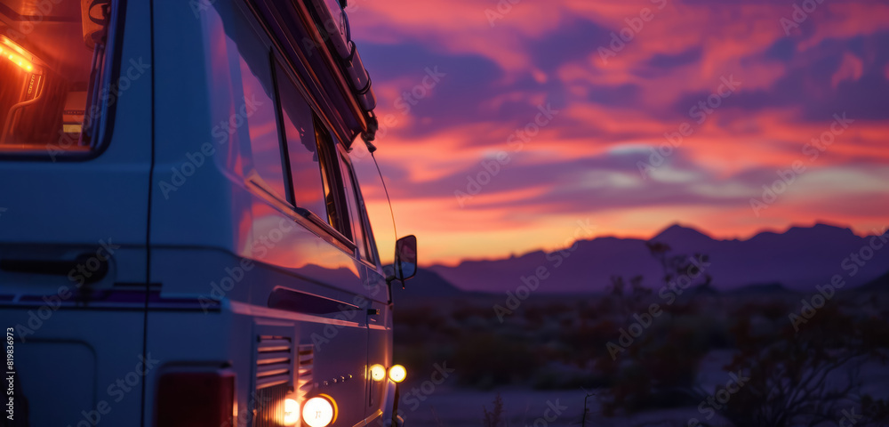 scenic sunset view magenta orange and pink, from a camper van in a mountainous landscape, scenic sunset view magenta orange and pink, from a camper van in a mountainous landscape,