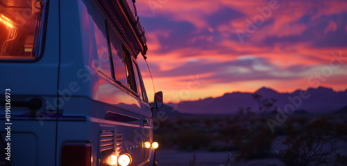 scenic sunset view magenta orange and pink, from a camper van in a mountainous landscape,  © Klay