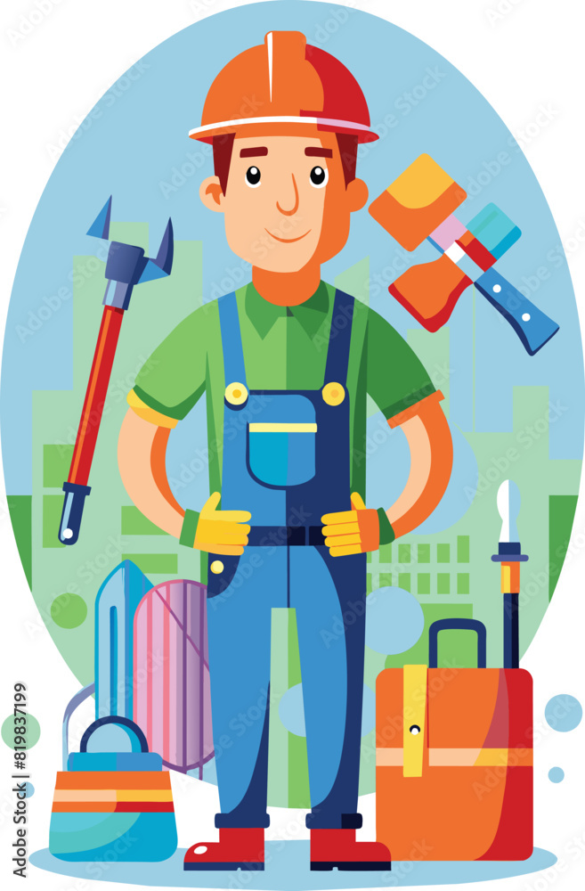 Flat illustration of a construction worker with tools, vector illustration. Flat illustration of a construction worker with tools, vector illustration.
