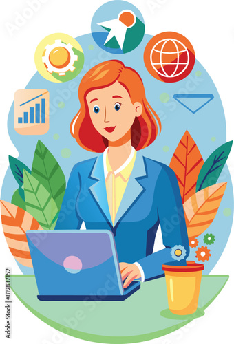 Flat illustration of a businesswoman is surfing the internet, vector illustration.