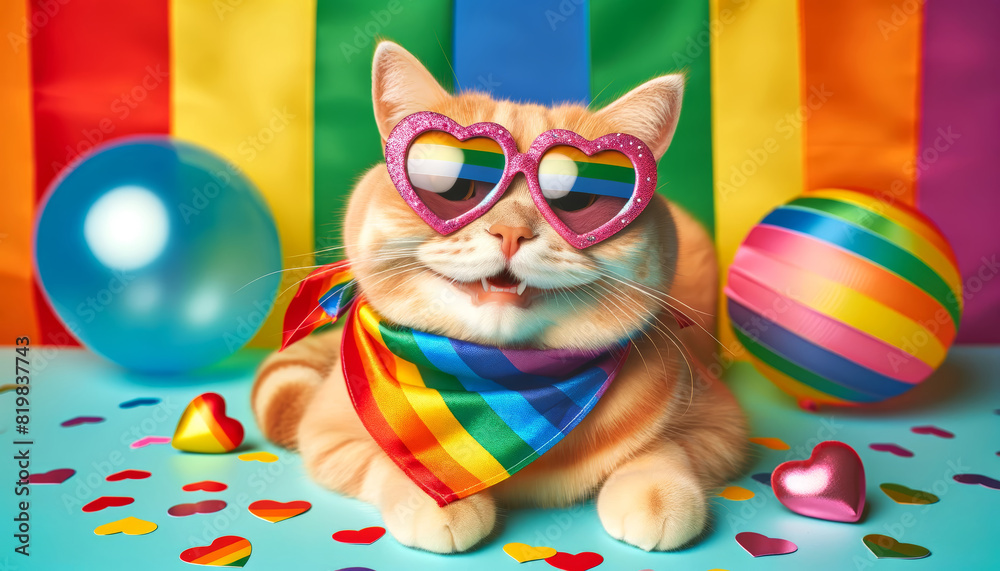 Obraz premium Celebrate pride with this adorable cat wearing heart-shaped sunglasses and a rainbow bandana. Perfect for LGBTQ+ events and pet lovers