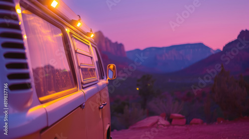 vibrant sunset over rugged landscape from retro camper van