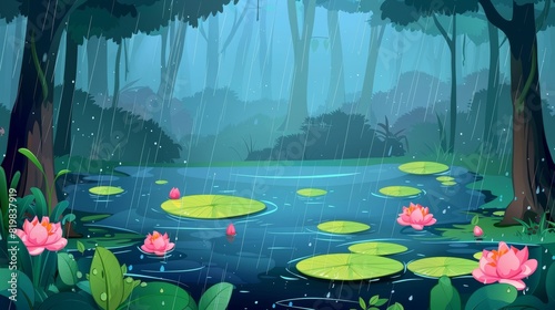 Floating water lilies on a swampy or lake background. Fantasy mystic scenery background with wild pond covered with ooze. Cartoon modern illustration. photo