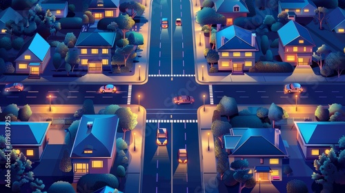 A view of a nighttime cityscape with buildings, cars, and pedestrians crossing the street. Modern cartoon cityscape in aerial view with a crossroad, sidewalk, and roofs of urban houses lit up. photo