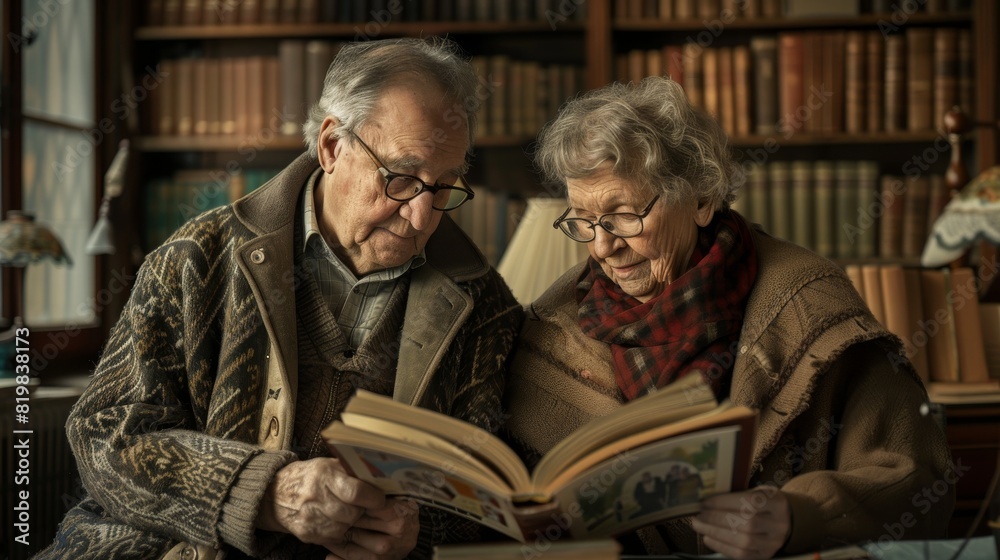 Senior Elderly Couple Reading a Family Album in Cozy Room. Generative ai. Senior Elderly Couple Reading a Family Album in Cozy Room. Generative ai.