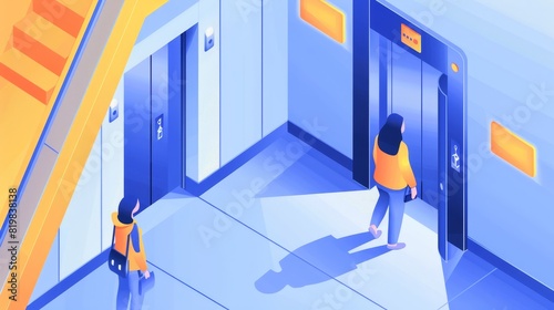 Modern passenger transportation for home or office buildings. Modern landing page for elevator with isometric illustration of woman waiting for lift at sliding doors.