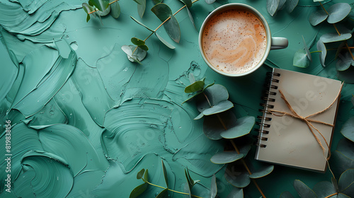 Aesthetic minimal office desk table with clipboard mockup, coffee cup, stationery and eucalyptus leaves on green background. Flat lay, top view. --ar 16:9  photo