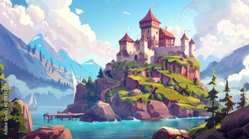 Imaginative castle on mountaintop near river pier at summer day, with boat on water surface. Fairytale palace under cloudy sky and trees. Fantasy medieval architecture, Cartoon modern illustration. photo