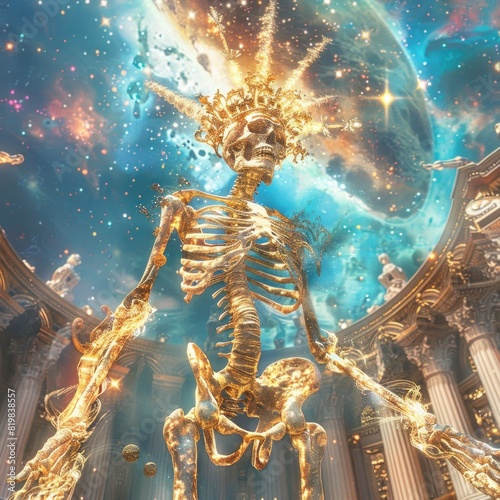 Golden Skeleton Nobility A D Rendered Celestial Palace with Vibrant Colors