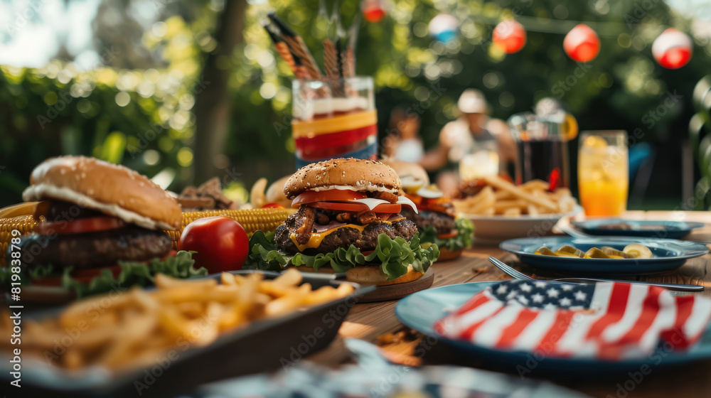 outdoor dining scene with burgers, fries, and drinks at a family garden party