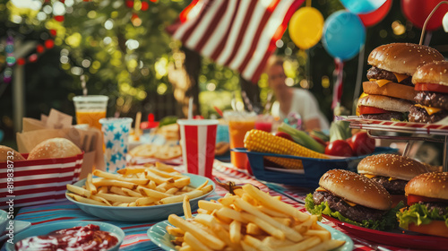 colorful summer barbecue party table with burgers and fries in backyard setting, fourth of july celebration  photo