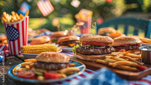 american themed backyard barbecue with burgers, corn, and summer drinks, fourth of july festive