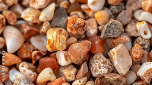 Close-Up of Colorful Seashells and Pebbles on Beach