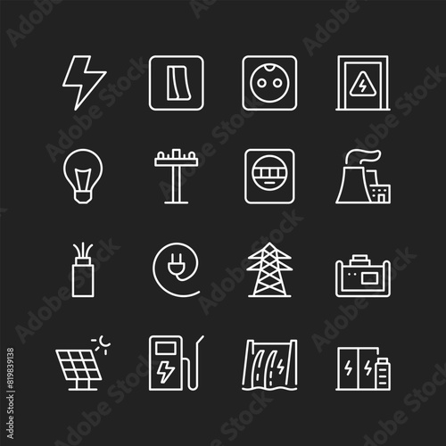 Electricity icon set, white on black background. Infrastructure, supply systems, power lines industry. Customizable line thickness.