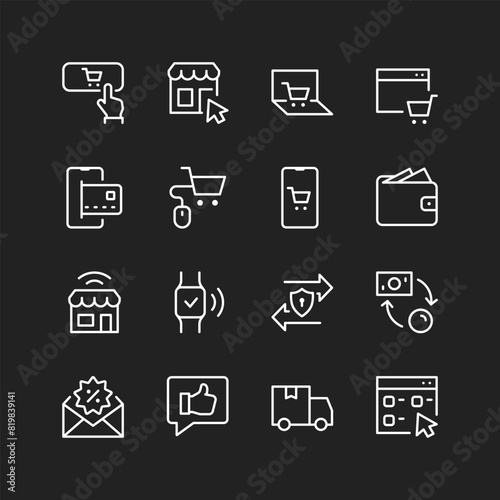 E-commerce icons, white lines on black background. Online shopping, payments, e-stores, money transfers. Safety and quality. Customizable line thickness.