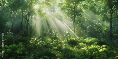 morning in the forest, A serene forest scene, where sunlight filters through the canopy, illuminating the lush greenery below. Show the tranquility of nature in its purest form.