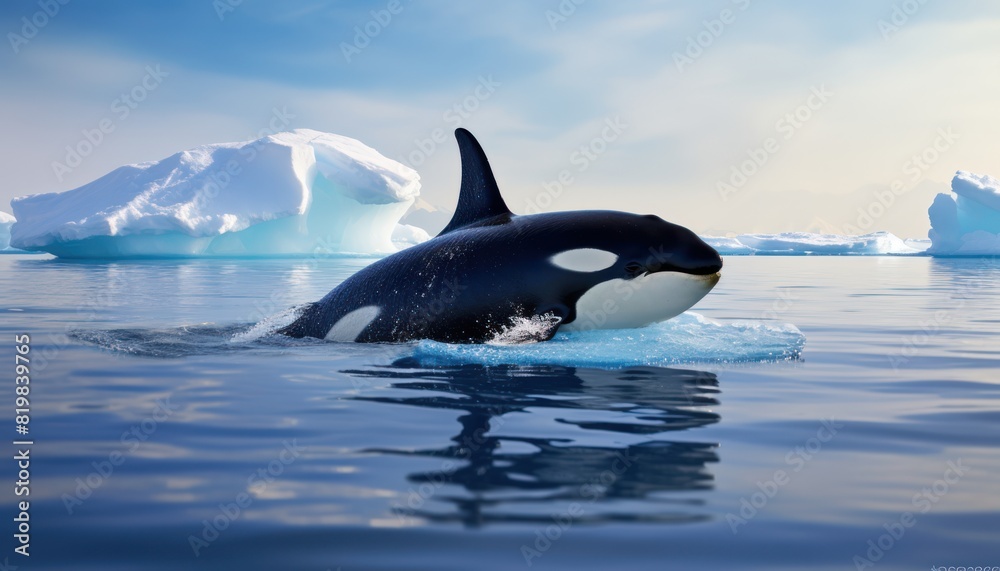 Obraz premium Groups of Orcas or killer whales swim and hunt for prey, the top of the food chain in a sea of ​​ice floes