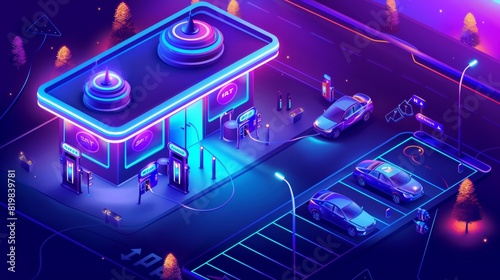 A landing page with an isometric view of a gas station, with cars refueling