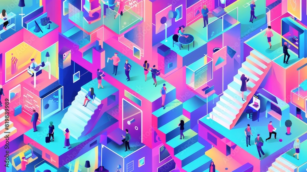 In this isometric poster, business executives work and relax in an office or coworking area, with their smartphones attached to a ladder, this is an event flyer template for the 2020- 2021 year, a 3D