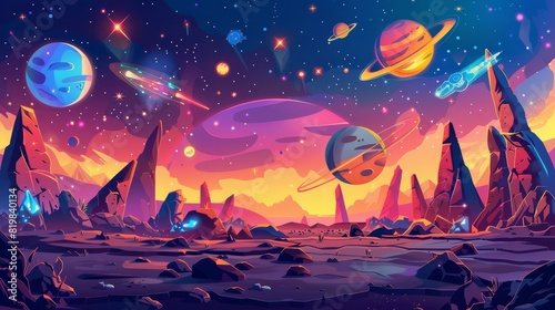 Stars  satellites  and alien planets in space. Modern cartoon fantasy illustration of cosmos  cracked stone surface  and mountains in space.