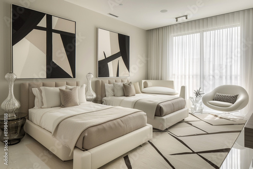 Modern hotel room with two single beds, neutral linens, large monochrome art, modern sofa set, and white chair. Geometric rug and sleek glass lamps.